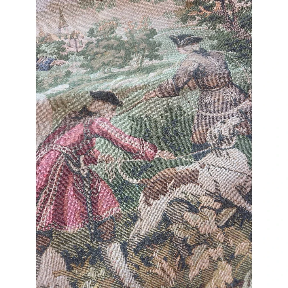 Vtg French Jacquard Tapestry pillow cover Equestrian Brush Fringe 18x17 *flaw